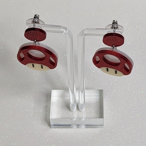 Toad Mario Bros Mushroom Red Glitter Acrylic Drop Earrings - Picture 5 of 6